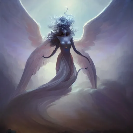 Image similar to a beautiful angel of shadows from angelarium, centered composition, by pete mohrbacher and artgerm and wlop, digital art, highly detailed, intricate, fantasy, mystical, ethereal, Trending on Artstation HQ, deviantart, unreal engine, 4K UHD image