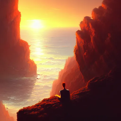 Image similar to a man sitting on a cliff watching the sun explode, painting, digital art, harsh lighting, 4 k hd wallpaper, trending on art station, art by greg rutkowski and andreas rocha, 8 k