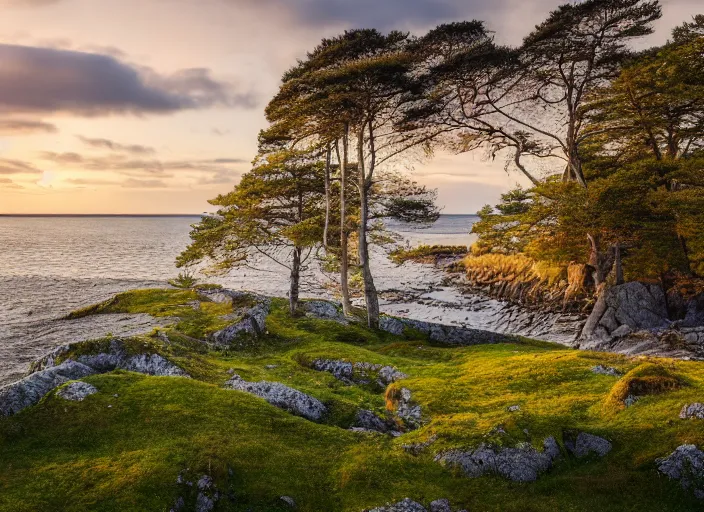 Prompt: photograph of alvaret on the swedish island of oland, morning light, landscape photography, award winning, canon, soft lighting, sony, nikon, 4 k, hd