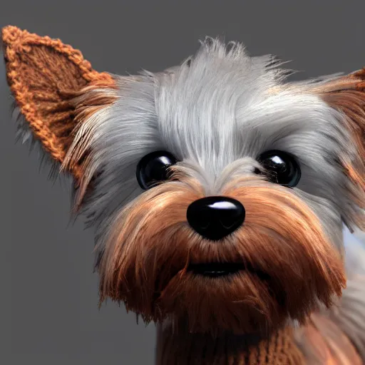 Prompt: a closeup photorealistic illustration of a smiling knitted yorkshire terrier. this 4 k hd image is trending on artstation, featured on behance, features intricate detail