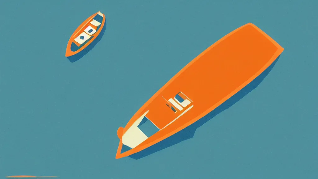 Prompt: a pale orange boat floating on top of a body of water, a vintage poster screenprint by Tom Whalen, behance contest winner, australian tonalism, pale gradients design, matte drawing, outrun, low poly