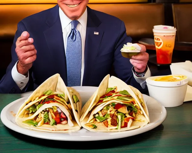 Image similar to a photo of joe biden at applebee's, asian wonton tacos, detailed face, ambient lighting, professional photography, 4 k ultra