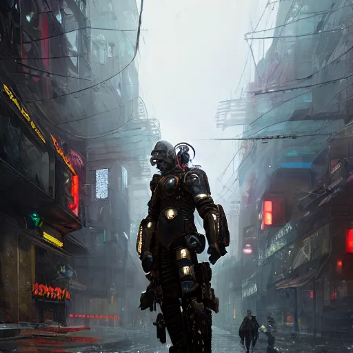 Image similar to a cyberpunk soldier in heavy armor on a crowded street in the rain, au naturel, hyper detailed, digital art, trending in artstation, cinematic lighting, studio quality, smooth render, unreal engine 5 rendered, octane rendered, art style by klimt and nixeu and ian sprigger and wlop and krenz cushart intricate artwork by Tooth Wu and wlop and beeple. octane render, trending on artstation, greg rutkowski very coherent symmetrical artwork. cinematic, hyper realism, high detail, octane render