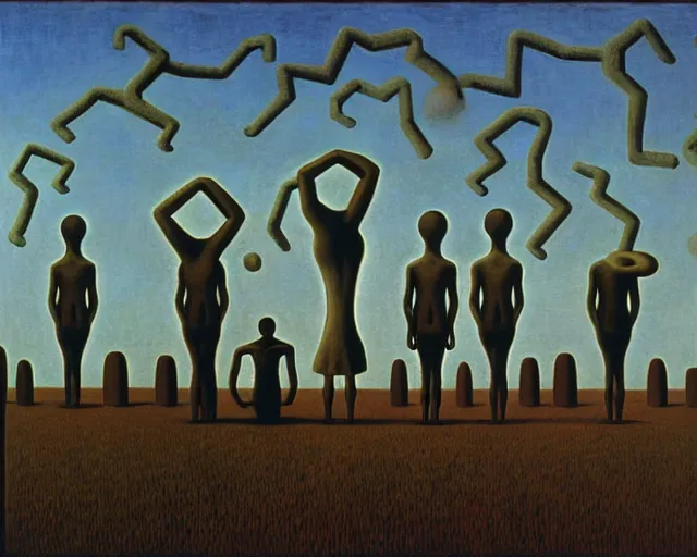 Image similar to learning to be dead by Magritte, Beksinski, and Keith Haring