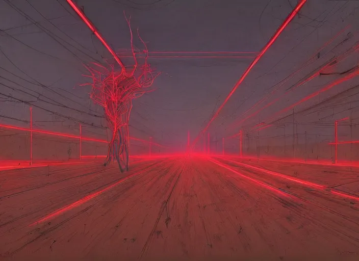 Image similar to Landscape, neon, red, glowing, wires everywhere, by Edgar Maxence and Ross Tran, Zdzisław Beksiński, and Michael Whelan, distant, gustav dore, H.R. Giger, 8k, octane render