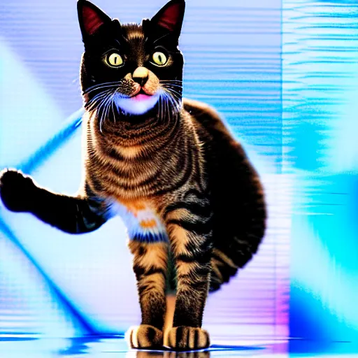 Image similar to real photo of a cat singing on the stage of eurovision 2 0 2 2