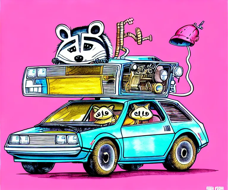 Prompt: cute and funny, racoon wearing a helmet riding in a tiny hot rod dmc delorean with oversized engine, ratfink style by ed roth, centered award winning watercolor pen illustration, isometric illustration by chihiro iwasaki, edited by range murata