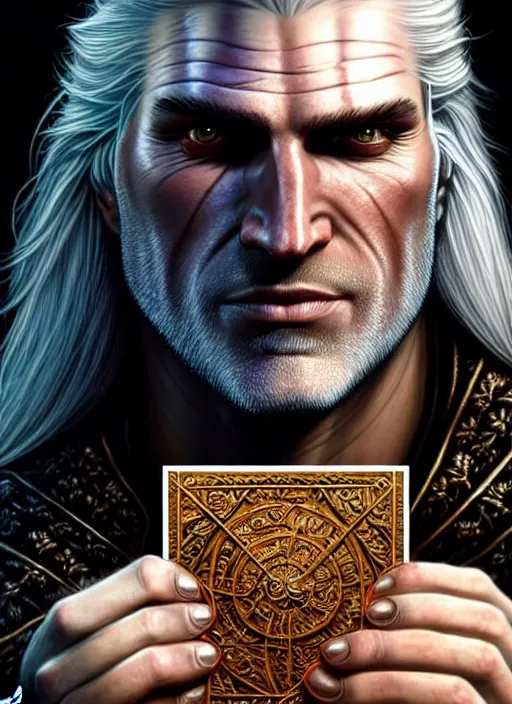 Image similar to closeup portrait shot of geralt of rivia smirking and holding cards, intricate, elegant, highly detailed, centered, digital painting, artstation, concept art, smooth, sharp focus, illustration, artgerm, tomasz alen kopera, peter mohrbacher, donato giancola, joseph christian leyendecker, wlop, boris vallejo