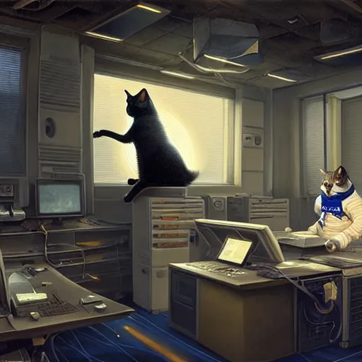 Prompt: cats working in the nasa command center, elegant intricate digital painting artstation concept art by mark brooks and brad kunkle detailed