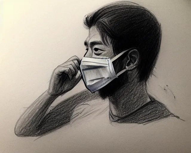 Prompt: draft drawing of a european man covering her face with mask, a sketch by choro choi, thin stroke, trending on artstation, context art, pencil sketch, high detail