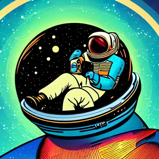 Prompt: Medium shot of an astronaut relaxing in space designed by Jack Kirby, digital art, cartoon art, acrylic, bokeh, synthwave, retro,