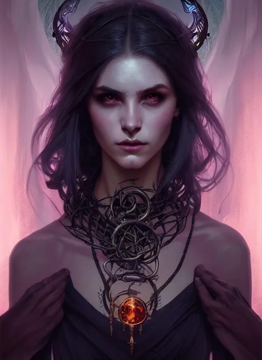 Image similar to Necromancer Sorceress, fantasy magic, undercut hairstyle, dark light night, intricate, elegant, sharp focus, illustration, highly detailed, digital painting, concept art, matte, art by WLOP and Artgerm and Greg Rutkowski and Alphonse Mucha, masterpiece