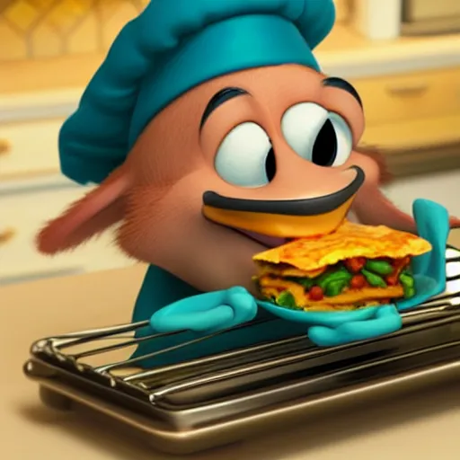 Image similar to pixar 3 d style cute platypus on a kitchen wearing a chef hat and holding a lasagna into an oven, with three basil leaves over the lasagna, pixar style, 3 d, ratatouille style