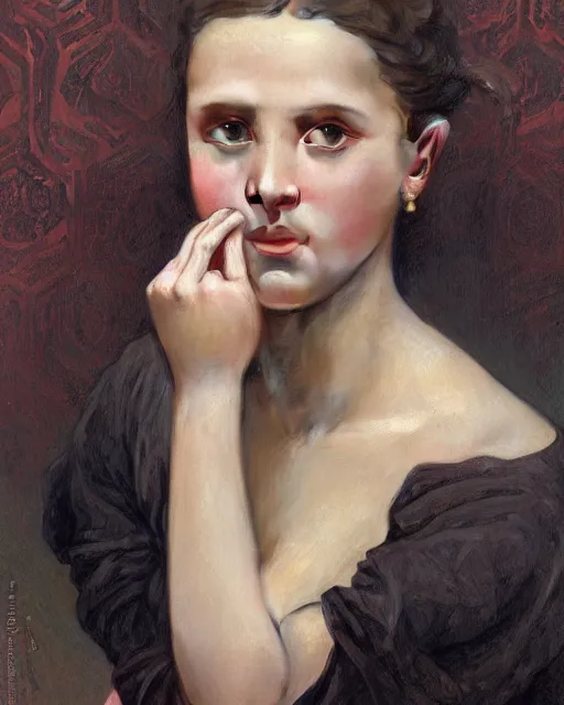 Prompt: a portrait painting of a shy, blushing alicia vikander or millie bobby brown, very pregnant, intricate, elegant, highly detailed, artstation, concept art, by krenz cushart and donato giancola and william adolph bouguereau and alphonse mucha