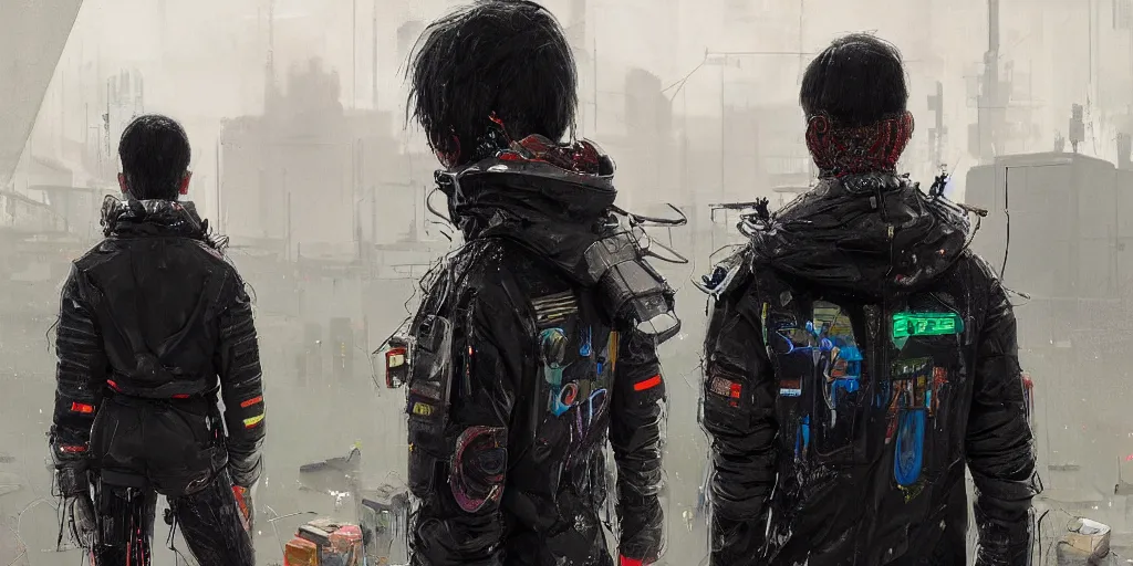 Prompt: detailed portrait Neon guard boy with short dark hair seen from the back, cyberpunk futuristic, reflective puffer jacket, black leggings, decorated with traditional ornaments in front of a dystopian crowd with piles of garbage by Ismail inceoglu dragan bibin hans thoma, Perfect face, fine details, realistic shaded, fine-face, pretty face