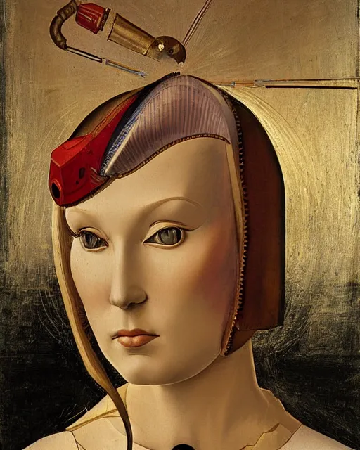 Image similar to portrait of steampunk female android, by fra angelico and sandro botticelli