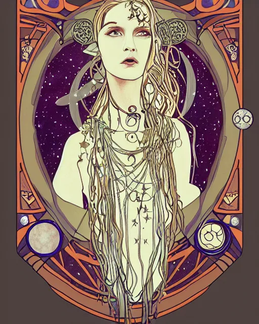 Prompt: a portrait of a galaxy as an androgynous druid spirit wearing five necklaces of moons and stars, draped in transparent cloth, flat colors, occult, minimal, swirly, bust by amy brown and alphonse mucha, decorative art nouveau border, astrophotography, vast cosmos, detailed book illustration, trending on artstation