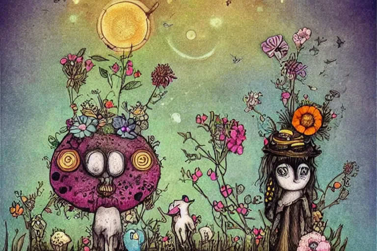 Prompt: 🐝 🐿🦋🦚🌸🌻 lowbrow in the style of alexander jansson,