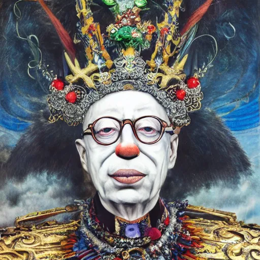 Image similar to UHD photorealistic detailed image of Klaus Schwab dressed as Emperor wearing extremely intricate clown makeup by Ayami Kojima, Amano, Karol Bak, tonalism