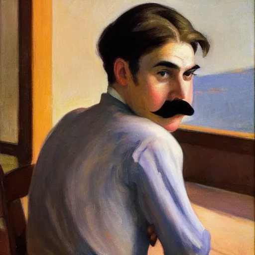 Prompt: a brown haired man with a mustache staring deeply at camera, edward hopper,