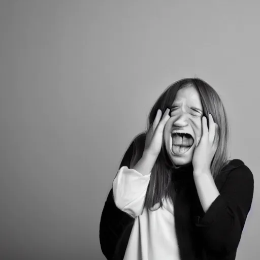 Prompt: person screaming covering their ears black and white static background