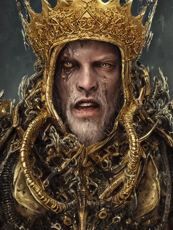 Image similar to portrait art of 8k ultra realistic undead King Arthur, intricate gold crown, detailed intricate ornate armour,decaying, cybernetic, full of colour, cinematic lighting, battered, trending on artstation, 4k, hyperrealistic, focused, extreme details,unreal engine 5, cinematic, masterpiece, art by ayami kojima, giger