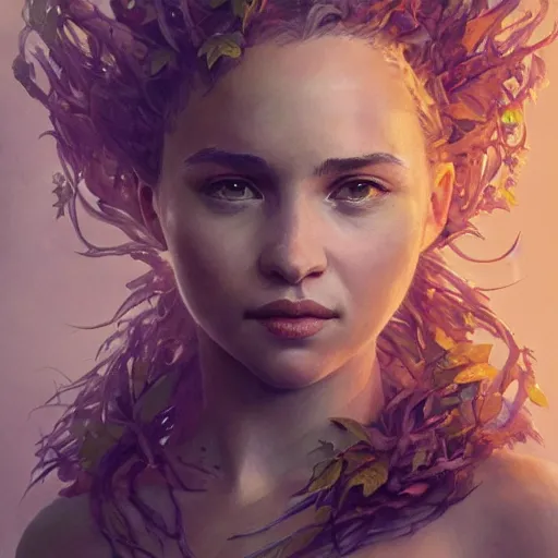 Image similar to emilia clark as a dryad, her skin are yellow leaves portrait, highly detailed, headshot, digital painting, trending on artstation, concept art, sharp focus, illustration, art by artgerm and greg rutkowski and magali villeneuve