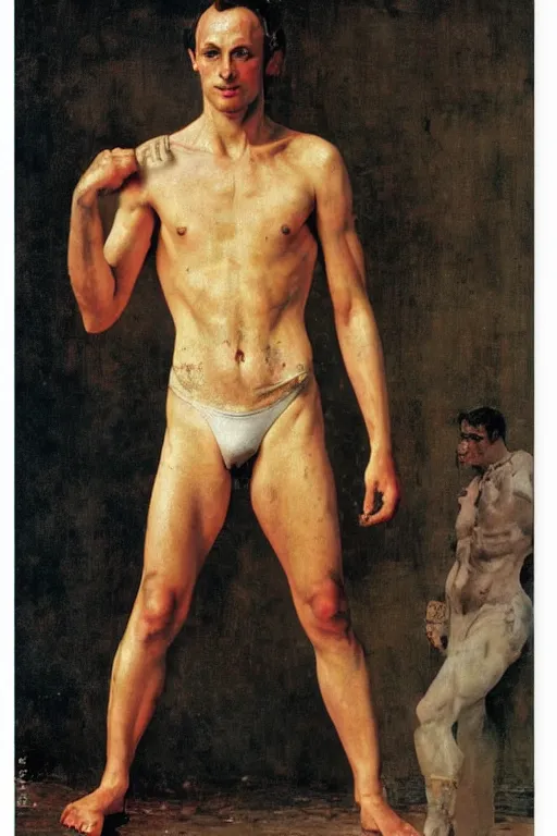 Prompt: body portrait of Pierre Casiraghi posing as a wrestler, colour painting by norman rockwell, guidi prime background by carl spitzweg