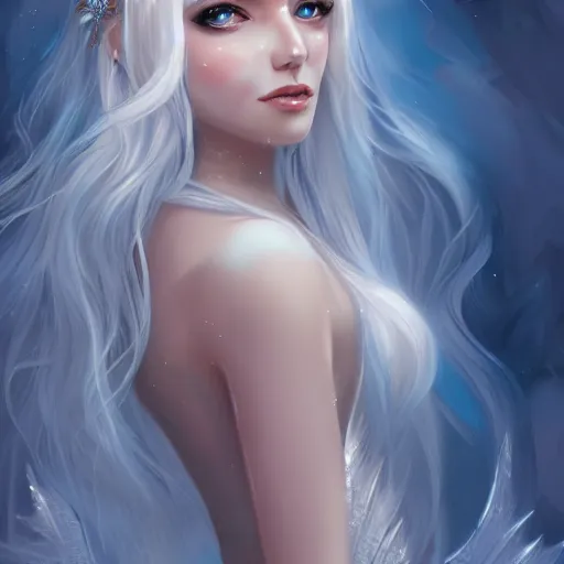 Prompt: A portrait of an attractive young female ice angel, beautiful long white hair, wearing ice crystals, intricate, highly detailed, elegant, digital painting, trending on artstation