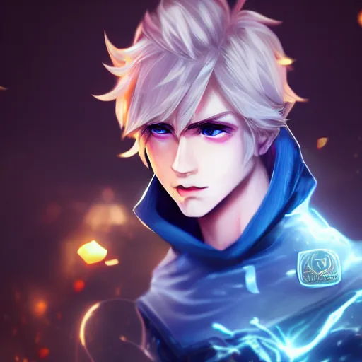 Image similar to league of legends character style of teenager cute boy, blonde hair, blue eyes, shows magic, close up, cinematic light, dark room, detailed, photo, 8K