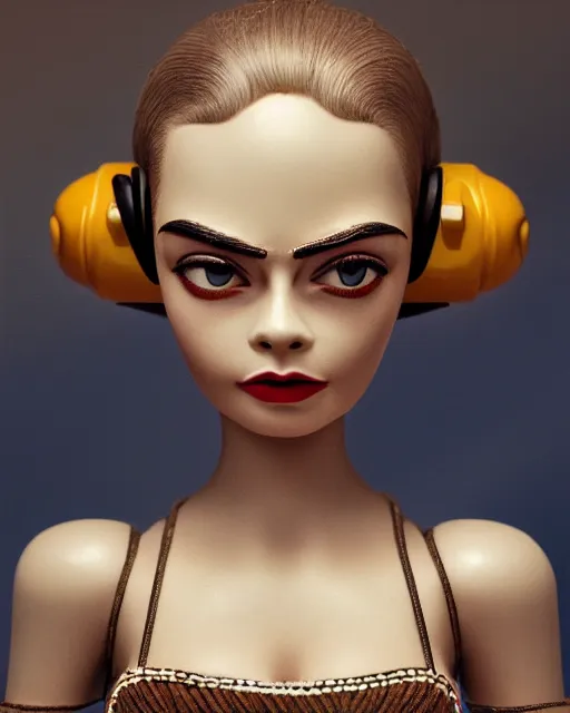 Image similar to closeup face profile portrait of a tin toy retro 1 9 5 0 s cara delevingne, bikini, depth of field, zeiss lens, fashion photoshoot by nicoletta ceccoli, mark ryden, lostfish, breathtaking, detailed and intricate environment, 8 k resolution, extremely detailed, beautiful, establishing shot, artistic, hyperrealistic, octane render