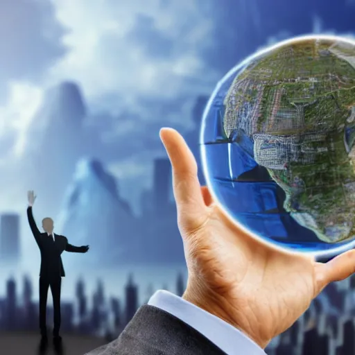 Image similar to detailed futuristic world, man waving goodbye to group of people, (cryptocurrency in background)