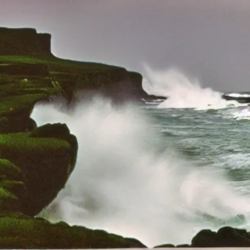 Prompt: moody 1 9 7 0's artistic technicolor spaghetti western film, a large huge group of women in a giant billowing wide long flowing waving green dresses, standing inside a green mossy irish rocky scenic coastline, crashing waves and sea foam, volumetric lighting, backlit, moody, atmospheric, fog, extremely windy, soft focus