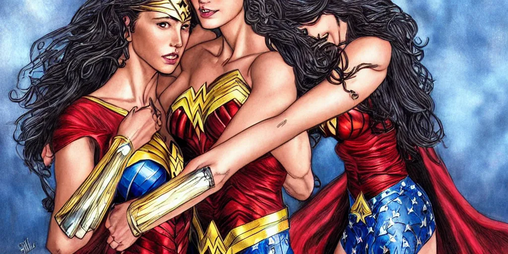 Prompt: Wonder Woman carrying a beautiful woman in her arms, intricate, elegant, highly detailed, DC comics, graphic novel, art by stanley artgerm