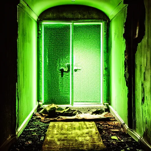 Prompt: a glowing green coffin inside a dilapidated hallway