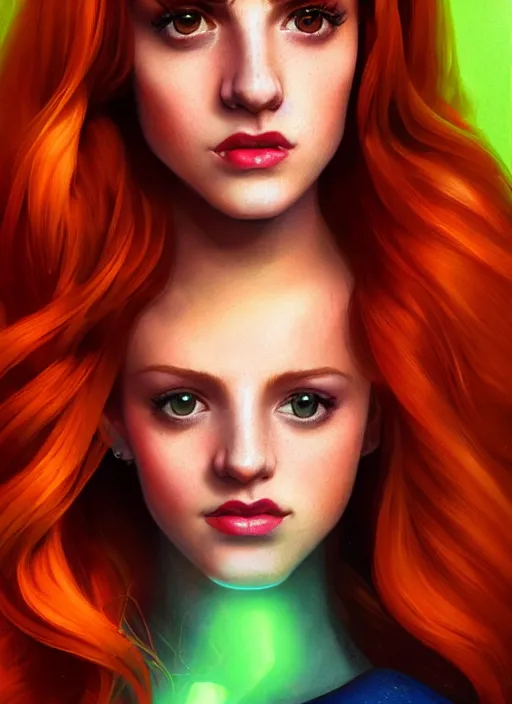 Image similar to full body portrait of teenage cheryl blossom, bangs, green eyes, mischievous expression, red hair, sultry smirk, bangs and wavy hair, intricate, elegant, glowing lights, highly detailed, digital painting, artstation, concept art, smooth, sharp focus, illustration, art by wlop, mars ravelo and greg rutkowski