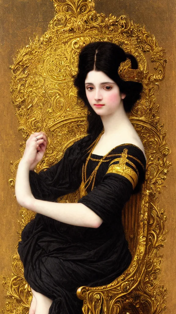 Image similar to painting portrait of a beautiful black haired woman with pale skin and a crown on her head sitted on an intricate metal throne, intricate, elegant, digital painting, smooth, sharp focus, shiny gold, realistic gold, realistic metal, by william - adolphe bouguereau and gustav klimt,