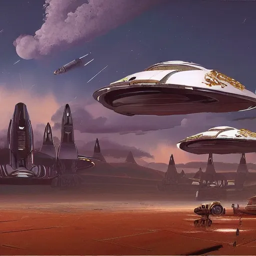 Image similar to painting of syd mead artlilery spaceship with ornate metal work lands in country landscape, filigree ornaments, volumetric lights, simon stalenhag