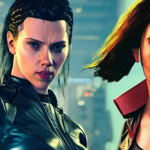 Image similar to scarlett johansson and winona rider in Cyberpunk 2077. CP2077. 3840 x 2160