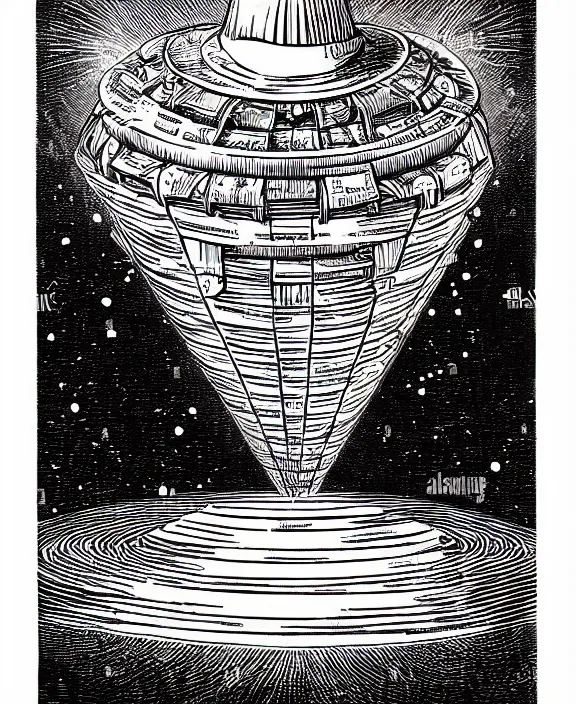 Image similar to alien mothership beaming up books on white background, art by james o barr and albrecht durer, woodblock print, engraved, black and white, vector, vector art