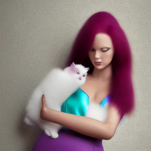 Image similar to Full body photo of a beautiful girl with long purplish red hair standing at the bus stop, wearing a puffed Turquoise dress and high heels, holding a white fluffy kitten, hyperrealistic, highly detailed, highly focused, depth of field, High definition, 8k, octane render, artstation