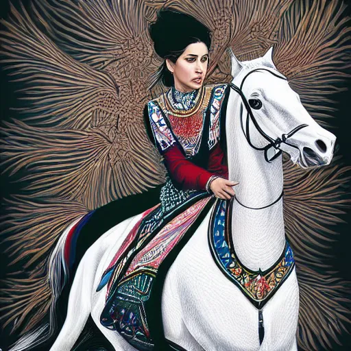 Image similar to full body shot of a beautiful young kurdish woman riding a beautiful white horse in the kurdish mountains art by martin ansin, highly detailed, 8 k, high resolution, award winning art, incredibly intricate, beautiful and symmetrical face