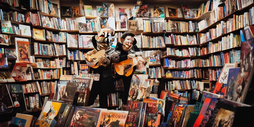 Image similar to “a portrait of a space alien mariachi band in a book store, Sigma 24mm f/8”