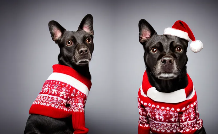 Image similar to studio photography of a dog wearing a christmas sweater, detailed face, cinematic lighting, 8 k