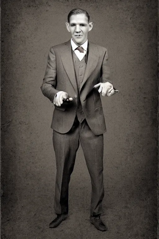 Image similar to octopus headed man, vintage full body portrait of an octopus headed man in a suit, sepia