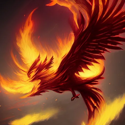 Prompt: phenix rising from its ashes, artstation, dark background.