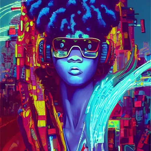 Image similar to afro - cyberpunk deities unseen amongst their creations, a society manifesting dreams with cosmic ancestral magic in a post - modern techno world | hyperrealistic oil painting | by makoto shinkai, ilya kuvshinov, lois van baarle, rossdraws, basquiat | afrofuturism, in the style of surrealism, trending on artstation, | red and black color palette