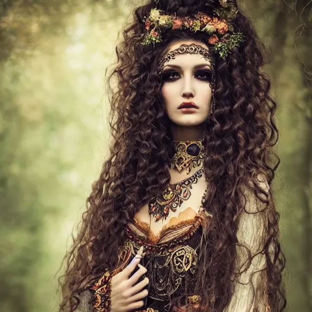 Prompt: ethereal beautiful woman with long curly hair in romany gypsy outfit, high detail, detailed dark eyeshadow, brown dark aesthetic, fantasy