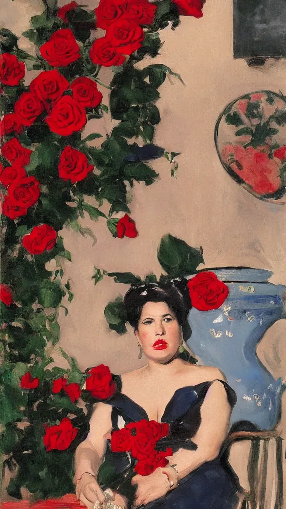 Prompt: portrait of rebekah delrio in david lynch pattern dress beside of a big persian detailed pot of red roses, blue and red lights painted by john singer sargent