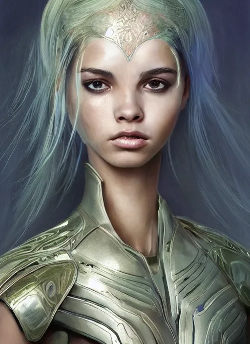 Image similar to a professional painting of a beautiful young female alien, clothed in ethereal armor, olive skin, long dark hair, beautiful bone structure, symmetrical facial features, intricate, elegant, digital painting, concept art, smooth, sharp focus, illustration, from Valerian and the City of a Thousand Planets, by Ruan Jia and Mandy Jurgens and Artgerm and William-Adolphe Bouguerea